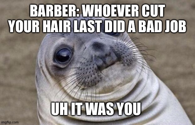 Awkward Moment Sealion | BARBER: WHOEVER CUT YOUR HAIR LAST DID A BAD JOB; UH IT WAS YOU | image tagged in memes,awkward moment sealion | made w/ Imgflip meme maker