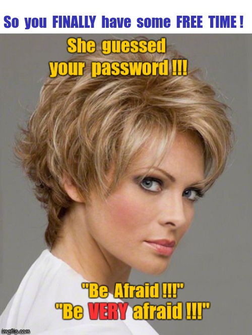 Yay! Free Time! | So  you  FINALLY  have  some  FREE  TIME ! She guessed your password !!! "Be Afraid!!!" "Be VERY afraid !!!" | image tagged in sick_covid stream,dark humor,covid-19,rick75230,shelter in place,password | made w/ Imgflip meme maker