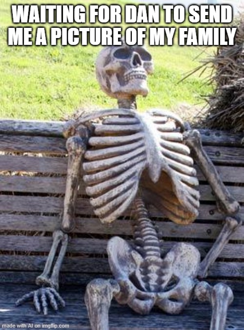 Please, Dan, let me see my family | WAITING FOR DAN TO SEND ME A PICTURE OF MY FAMILY | image tagged in memes,waiting skeleton | made w/ Imgflip meme maker