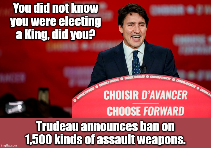 Never Let a Crisis go to Waste | You did not know you were electing a King, did you? Trudeau announces ban on 1,500 kinds of assault weapons. | image tagged in justin trudeau,canada,gun control | made w/ Imgflip meme maker