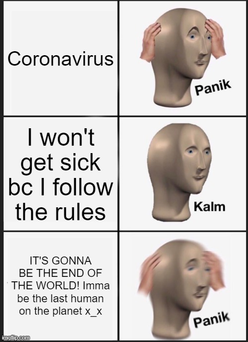 True Realization | Coronavirus; I won't get sick bc I follow the rules; IT'S GONNA BE THE END OF THE WORLD! Imma be the last human on the planet x_x | image tagged in memes,panik kalm panik | made w/ Imgflip meme maker