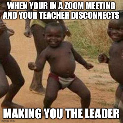 Zoom Meme | WHEN YOUR IN A ZOOM MEETING AND YOUR TEACHER DISCONNECTS; MAKING YOU THE LEADER | image tagged in memes,third world success kid | made w/ Imgflip meme maker