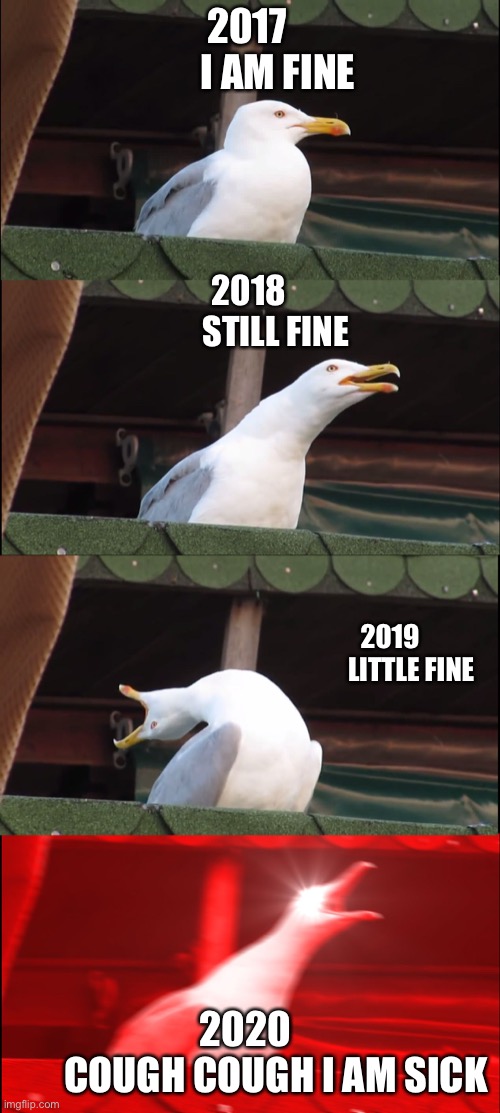 Inhaling Seagull | 2017
        I AM FINE; 2018
        STILL FINE; 2019
        LITTLE FINE; 2020 
       COUGH COUGH I AM SICK | image tagged in memes,inhaling seagull | made w/ Imgflip meme maker