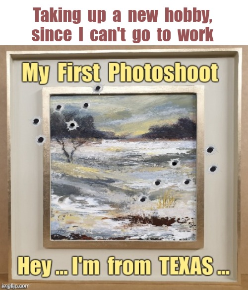 Learning a New Hobby! | Taking  up  a  new  hobby,
since  I  can't  go  to  work; My First Photoshoot.  Hey ... I'm from TEXAS ... | image tagged in sick_covid stream,dark humor,covid-19,rick75230,shelter in place,hobbies | made w/ Imgflip meme maker
