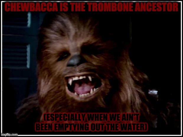 Chewbacca AKA. Trombone | CHEWBACCA IS THE TROMBONE ANCESTOR; (ESPECIALLY WHEN WE AIN'T BEEN EMPTYING OUT THE WATER) | image tagged in chewbacca | made w/ Imgflip meme maker