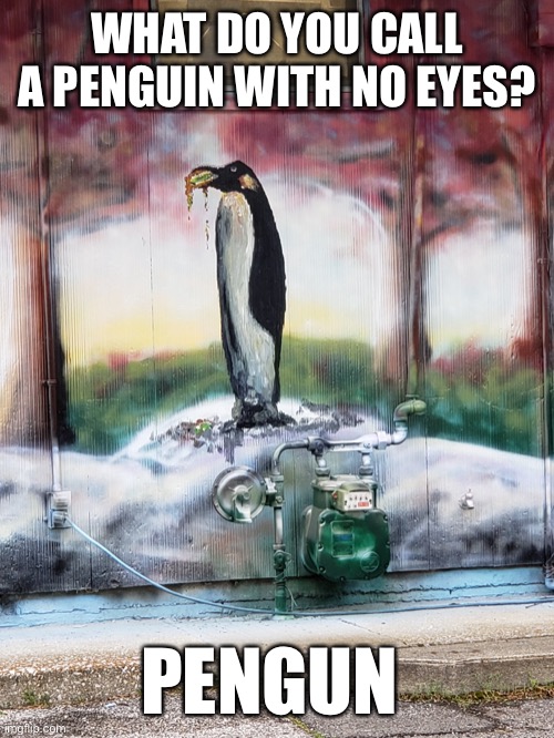 WHAT DO YOU CALL A PENGUIN WITH NO EYES? PENGUN | image tagged in penguin gang,bad pun | made w/ Imgflip meme maker