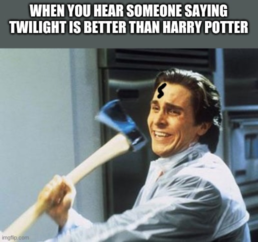 American Psycho | WHEN YOU HEAR SOMEONE SAYING TWILIGHT IS BETTER THAN HARRY POTTER | image tagged in american psycho | made w/ Imgflip meme maker