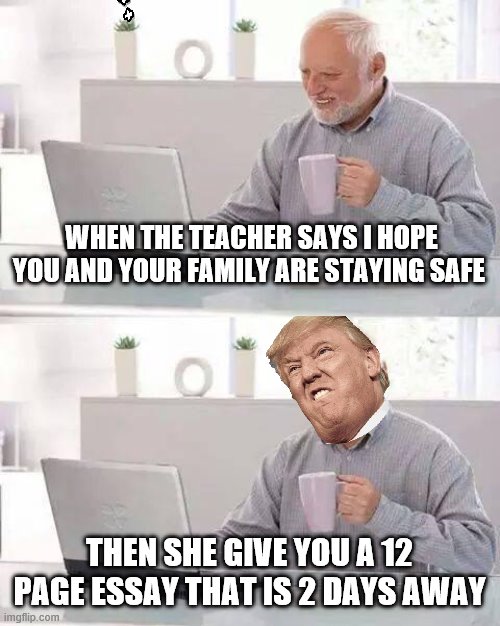 Hide the Pain Harold | WHEN THE TEACHER SAYS I HOPE YOU AND YOUR FAMILY ARE STAYING SAFE; THEN SHE GIVE YOU A 12 PAGE ESSAY THAT IS 2 DAYS AWAY | image tagged in memes,hide the pain harold | made w/ Imgflip meme maker