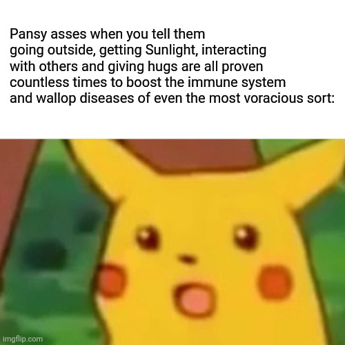 Surprised Pikachu | Pansy asses when you tell them going outside, getting Sunlight, interacting with others and giving hugs are all proven countless times to boost the immune system and wallop diseases of even the most voracious sort: | image tagged in memes,surprised pikachu | made w/ Imgflip meme maker