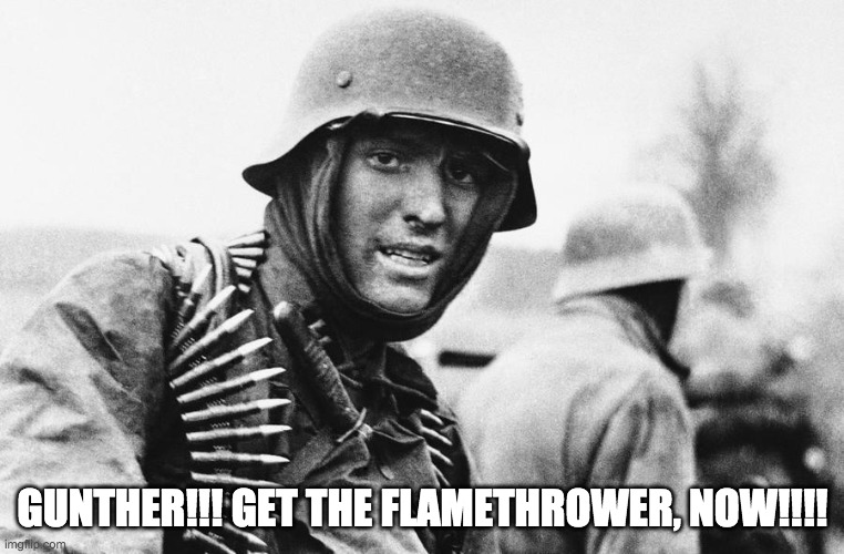 Hans the German | GUNTHER!!! GET THE FLAMETHROWER, NOW!!!! | image tagged in hans the german | made w/ Imgflip meme maker