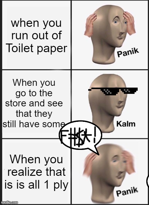 Panik Kalm Panik Meme | when you run out of Toilet paper; When you go to the store and see that they still have some; When you realize that is is all 1 ply | image tagged in memes,panik kalm panik | made w/ Imgflip meme maker