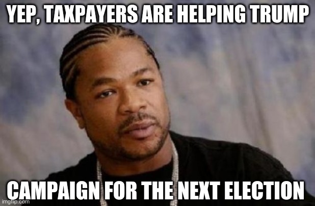 Serious Xzibit Meme | YEP, TAXPAYERS ARE HELPING TRUMP CAMPAIGN FOR THE NEXT ELECTION | image tagged in memes,serious xzibit | made w/ Imgflip meme maker