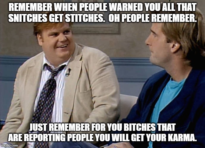 Snitch bitches GET stitches. |  REMEMBER WHEN PEOPLE WARNED YOU ALL THAT SNITCHES GET STITCHES.  OH PEOPLE REMEMBER. JUST REMEMBER FOR YOU BITCHES THAT ARE REPORTING PEOPLE YOU WILL GET YOUR KARMA. | image tagged in remember that time | made w/ Imgflip meme maker