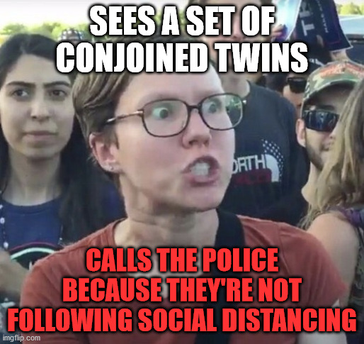 Triggered feminist | SEES A SET OF CONJOINED TWINS; CALLS THE POLICE BECAUSE THEY'RE NOT FOLLOWING SOCIAL DISTANCING | image tagged in triggered feminist,twins,leftist,covid-19,coronavirus,social distancing | made w/ Imgflip meme maker
