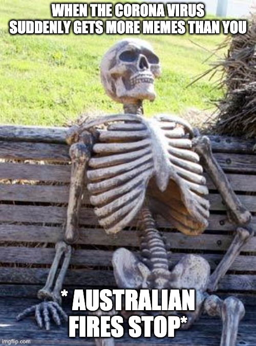 Waiting Skeleton Meme | WHEN THE CORONA VIRUS SUDDENLY GETS MORE MEMES THAN YOU; * AUSTRALIAN FIRES STOP* | image tagged in memes,waiting skeleton | made w/ Imgflip meme maker