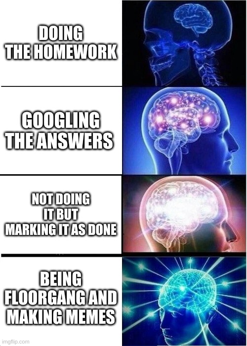 Expanding Brain | DOING THE HOMEWORK; GOOGLING THE ANSWERS; NOT DOING IT BUT MARKING IT AS DONE; BEING FLOORGANG AND MAKING MEMES | image tagged in memes,expanding brain | made w/ Imgflip meme maker