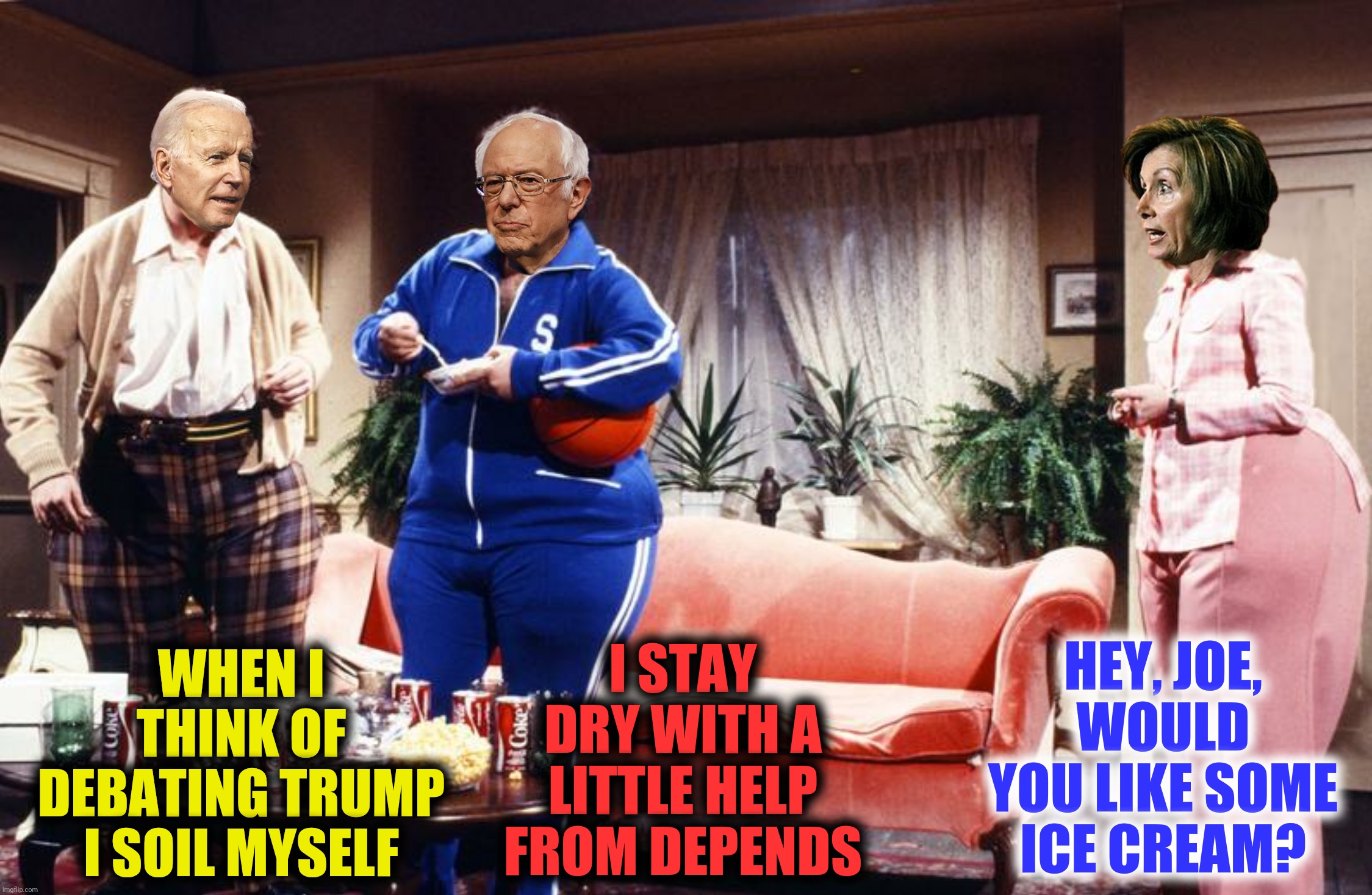 Bad Photoshop Sunday presents:  The shape of things to come (Inspired by a sevenheart meme) | I STAY DRY WITH A LITTLE HELP FROM DEPENDS; WHEN I THINK OF DEBATING TRUMP I SOIL MYSELF; HEY, JOE, WOULD YOU LIKE SOME ICE CREAM? | image tagged in bad photoshop sunday,joe biden,bernie sanders,nancy pelosi,the widettes | made w/ Imgflip meme maker