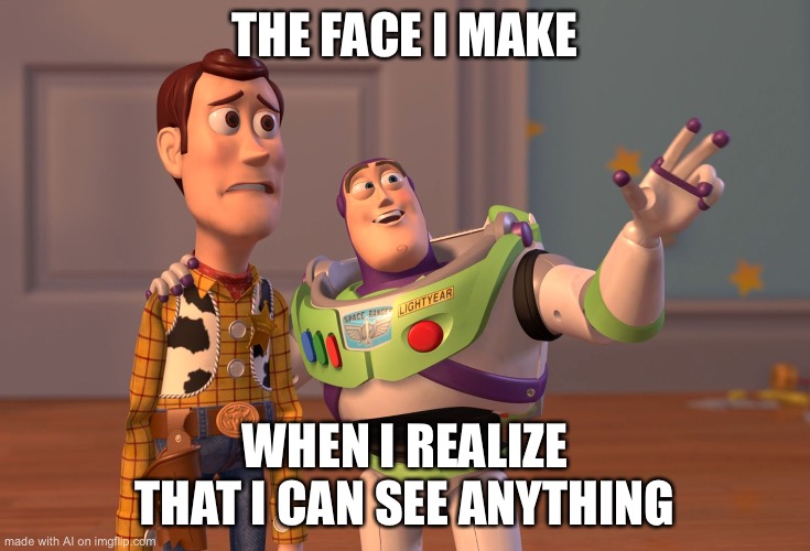 X, X Everywhere | THE FACE I MAKE; WHEN I REALIZE THAT I CAN SEE ANYTHING | image tagged in memes,x x everywhere | made w/ Imgflip meme maker