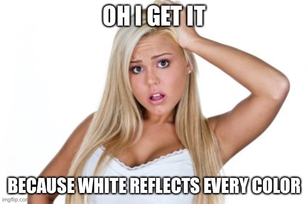 Dumb Blonde | OH I GET IT BECAUSE WHITE REFLECTS EVERY COLOR | image tagged in dumb blonde | made w/ Imgflip meme maker