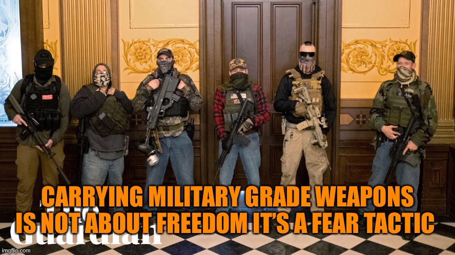 CARRYING MILITARY GRADE WEAPONS IS NOT ABOUT FREEDOM IT’S A FEAR TACTIC | made w/ Imgflip meme maker