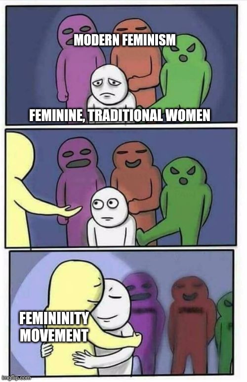 I know,  "not all feminists." I'm talking about the "ism" frowning upon traditional women and feminine female roles. | MODERN FEMINISM; FEMININE, TRADITIONAL WOMEN; FEMININITY MOVEMENT | image tagged in problems stress pain blank,female,feminism,femininity movement,there is hope,traditional | made w/ Imgflip meme maker