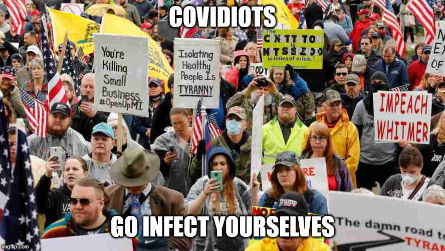 COVIDIOTS GO INFECT YOURSELVES | COVIDIOTS; GO INFECT YOURSELVES | image tagged in covid-19,coronavirus,stay at home,lockdown,protestors | made w/ Imgflip meme maker