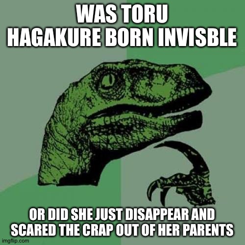 Philosoraptor Meme | WAS TORU HAGAKURE BORN INVISBLE; OR DID SHE JUST DISAPPEAR AND SCARED THE CRAP OUT OF HER PARENTS | image tagged in memes,philosoraptor | made w/ Imgflip meme maker