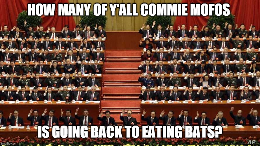 ccp voting | HOW MANY OF Y'ALL COMMIE MOFOS; IS GOING BACK TO EATING BATS? | image tagged in ccp voting | made w/ Imgflip meme maker