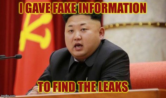 Kim Jong Un | I GAVE FAKE INFORMATION TO FIND THE LEAKS | image tagged in kim jong un | made w/ Imgflip meme maker
