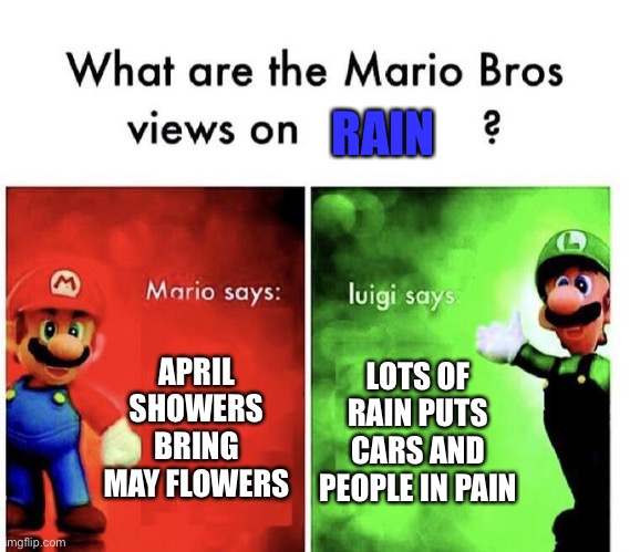 Mario Bros Views | RAIN; APRIL SHOWERS BRING MAY FLOWERS; LOTS OF RAIN PUTS CARS AND PEOPLE IN PAIN | image tagged in mario bros views | made w/ Imgflip meme maker