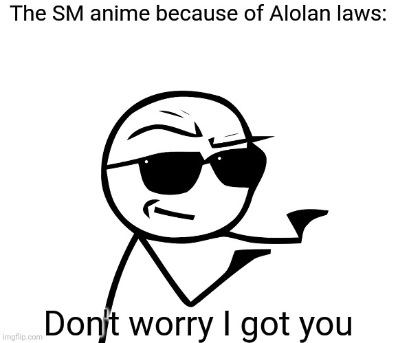 i got you bro | The SM anime because of Alolan laws: Don't worry I got you | image tagged in i got you bro | made w/ Imgflip meme maker
