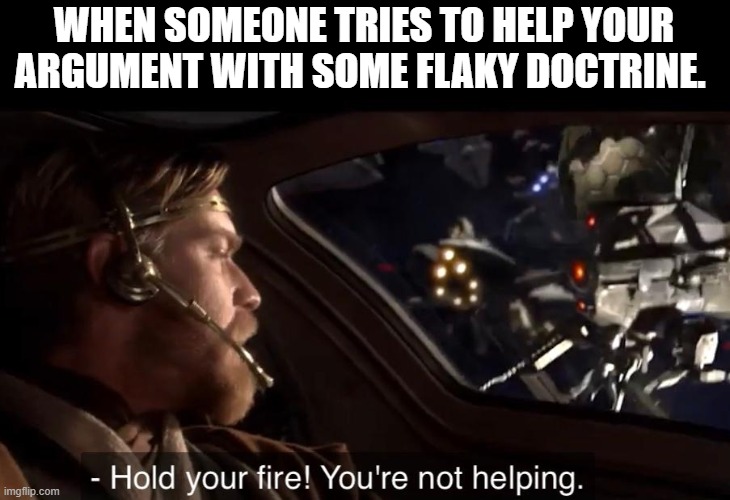 Hold your fire | WHEN SOMEONE TRIES TO HELP YOUR ARGUMENT WITH SOME FLAKY DOCTRINE. | image tagged in hold your fire | made w/ Imgflip meme maker