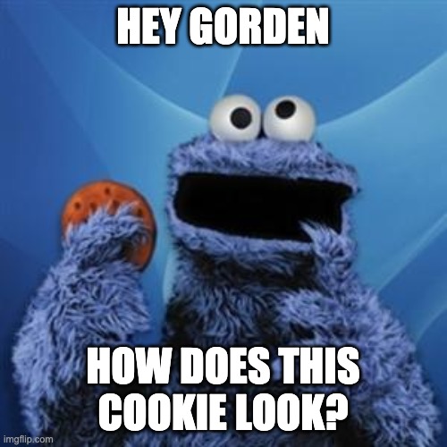 cookie monster | HEY GORDEN HOW DOES THIS COOKIE LOOK? | image tagged in cookie monster | made w/ Imgflip meme maker