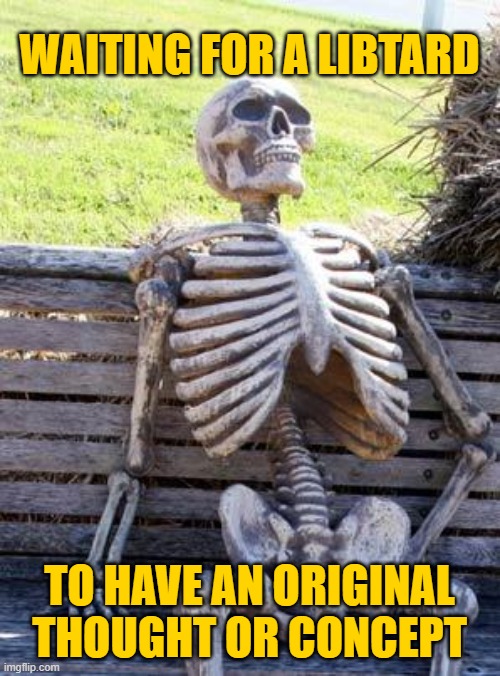 Waiting Skeleton Meme | WAITING FOR A LIBTARD TO HAVE AN ORIGINAL THOUGHT OR CONCEPT | image tagged in memes,waiting skeleton | made w/ Imgflip meme maker