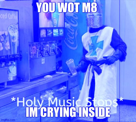 Holy music stops | YOU WOT M8 IM CRYING INSIDE | image tagged in holy music stops | made w/ Imgflip meme maker