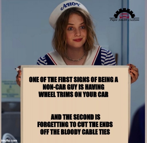 Wheel trims and cable ties. | ONE OF THE FIRST SIGNS OF BEING A NON-CAR GUY IS HAVING WHEEL TRIMS ON YOUR CAR; AND THE SECOND IS
FORGETTING TO CUT THE ENDS OFF THE BLOODY CABLE TIES | image tagged in wheel,cover,cable,car memes,tie,stranger things | made w/ Imgflip meme maker