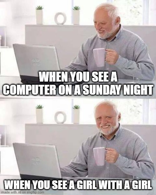 Hide the Pain Harold Meme | WHEN YOU SEE A COMPUTER ON A SUNDAY NIGHT; WHEN YOU SEE A GIRL WITH A GIRL | image tagged in memes,hide the pain harold | made w/ Imgflip meme maker