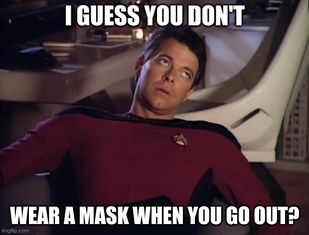 Riker eyeroll | I GUESS YOU DON'T WEAR A MASK WHEN YOU GO OUT? | image tagged in riker eyeroll | made w/ Imgflip meme maker