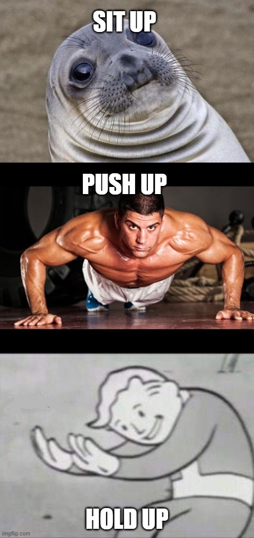SIT UP; PUSH UP; HOLD UP | image tagged in memes,awkward moment sealion,push up,fallout hold up | made w/ Imgflip meme maker
