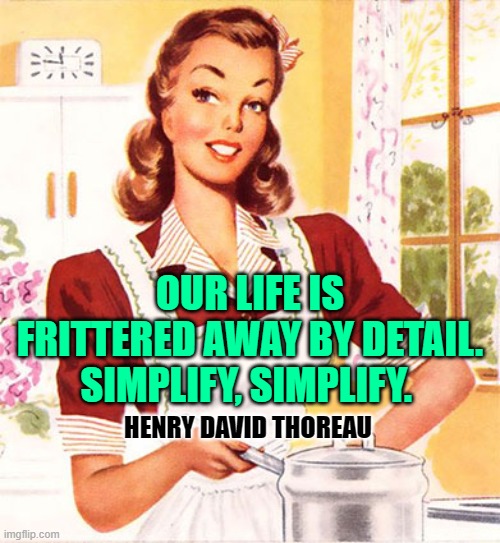 Thoreau Housewife | OUR LIFE IS FRITTERED AWAY BY DETAIL.
SIMPLIFY, SIMPLIFY. HENRY DAVID THOREAU | image tagged in 50s housewife,quotes,life lessons,henry david thoreau,housework,so true memes | made w/ Imgflip meme maker