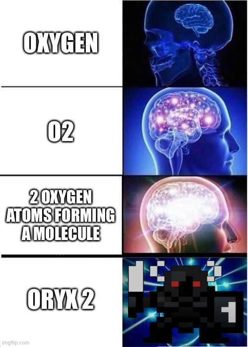 Expanding Brain Meme | OXYGEN; O2; 2 OXYGEN ATOMS FORMING A MOLECULE; ORYX 2 | image tagged in memes,expanding brain | made w/ Imgflip meme maker