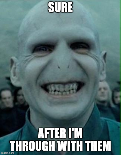 Voldemort Grin | SURE AFTER I'M THROUGH WITH THEM | image tagged in voldemort grin | made w/ Imgflip meme maker