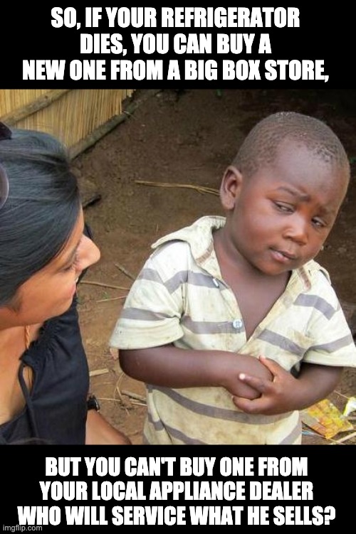 Makes no sense! | SO, IF YOUR REFRIGERATOR DIES, YOU CAN BUY A NEW ONE FROM A BIG BOX STORE, BUT YOU CAN'T BUY ONE FROM YOUR LOCAL APPLIANCE DEALER WHO WILL SERVICE WHAT HE SELLS? | image tagged in memes,third world skeptical kid | made w/ Imgflip meme maker