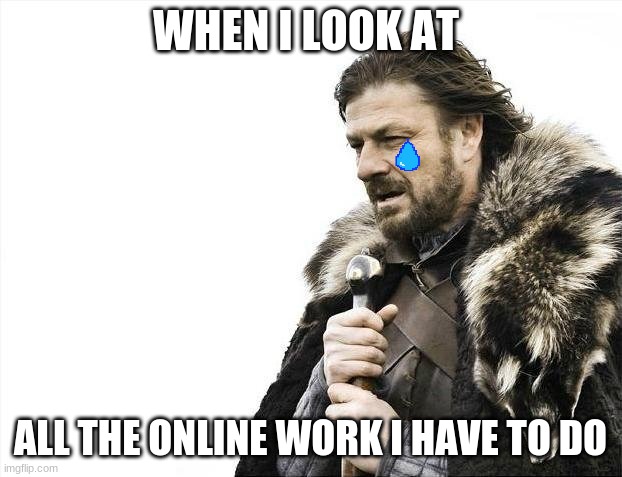 Brace Yourselves X is Coming Meme | WHEN I LOOK AT; ALL THE ONLINE WORK I HAVE TO DO | image tagged in memes,brace yourselves x is coming | made w/ Imgflip meme maker