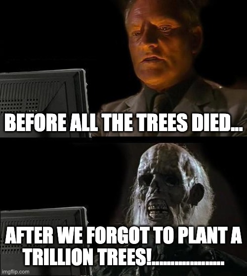 Death Becomes Us | BEFORE ALL THE TREES DIED... AFTER WE FORGOT TO PLANT A TRILLION TREES!................... | image tagged in memes,i'll just wait here,lazy,death,trees | made w/ Imgflip meme maker
