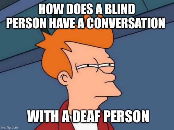 ? | HOW DOES A BLIND PERSON HAVE A CONVERSATION; WITH A DEAF PERSON | image tagged in memes,futurama fry | made w/ Imgflip meme maker