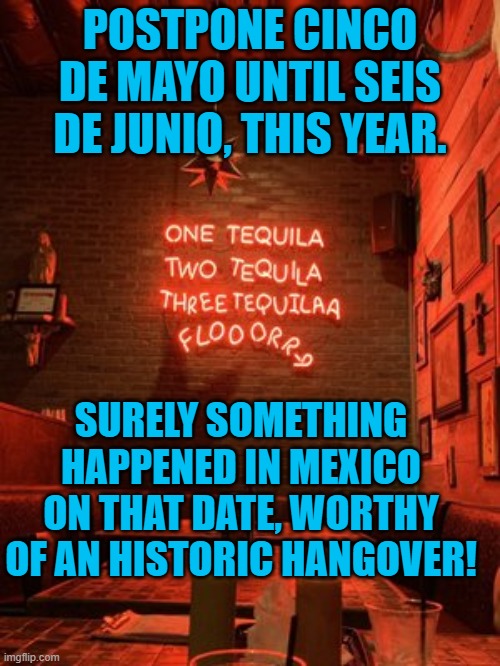 Seis de Junio | POSTPONE CINCO DE MAYO UNTIL SEIS DE JUNIO, THIS YEAR. SURELY SOMETHING HAPPENED IN MEXICO ON THAT DATE, WORTHY OF AN HISTORIC HANGOVER! | image tagged in humor | made w/ Imgflip meme maker