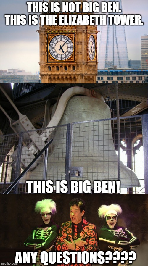 Know Your Landmarks | THIS IS NOT BIG BEN. THIS IS THE ELIZABETH TOWER. THIS IS BIG BEN! ANY QUESTIONS???? | image tagged in any questions david s pumpkins,big ben | made w/ Imgflip meme maker