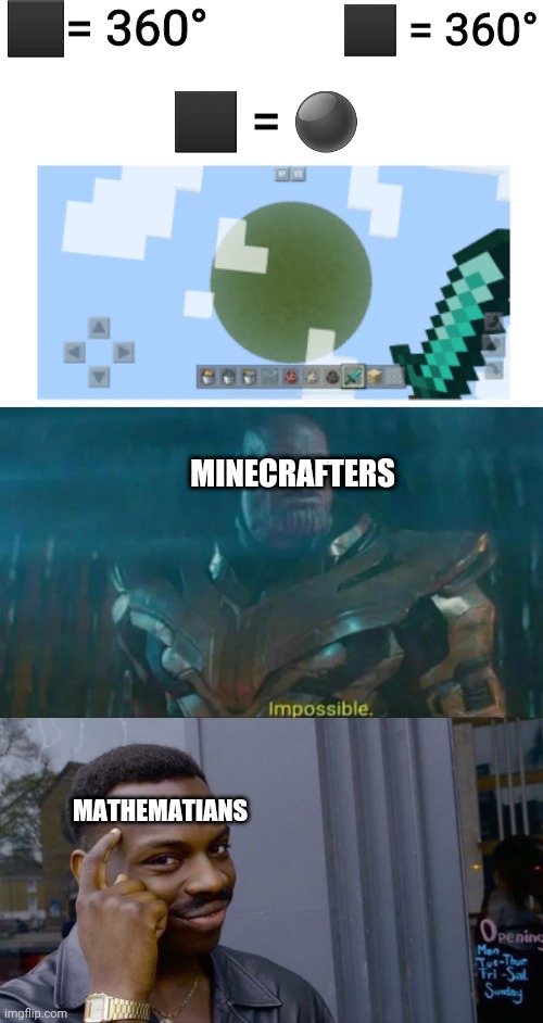 ⬛= 360°; ⬛ = 360°; ⬛ = ⚫; MINECRAFTERS; MATHEMATIANS | image tagged in blank white template,memes,roll safe think about it,thanos impossible,minecraft,circle | made w/ Imgflip meme maker