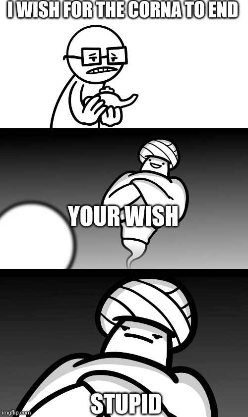 Your Wish is Stupid | I WISH FOR THE CORNA TO END; YOUR WISH; STUPID | image tagged in your wish is stupid | made w/ Imgflip meme maker